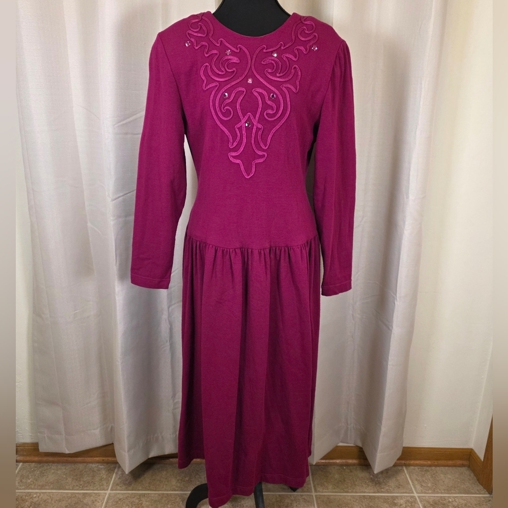 Vintage 80s Pink Rhinestone Midi Dress Small